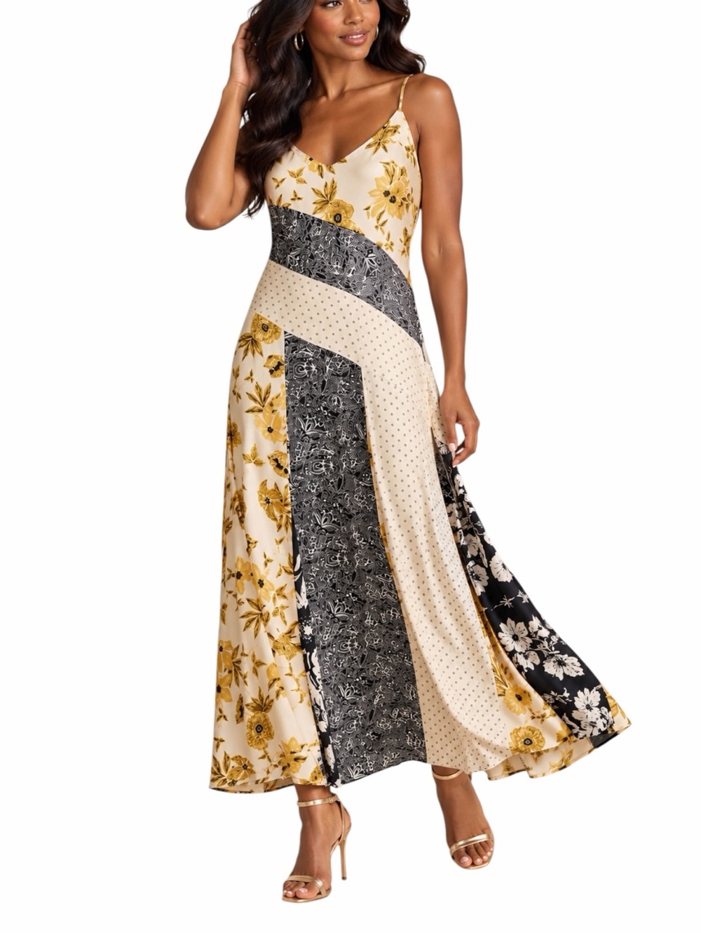Banana Republic Petite Size XL Maxi Dress Patchwork Floral Paisley Cream Black